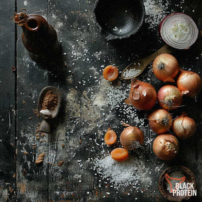 view from above at a dark rustic benchtop with rustic onions scattered along with apricots and seasalt