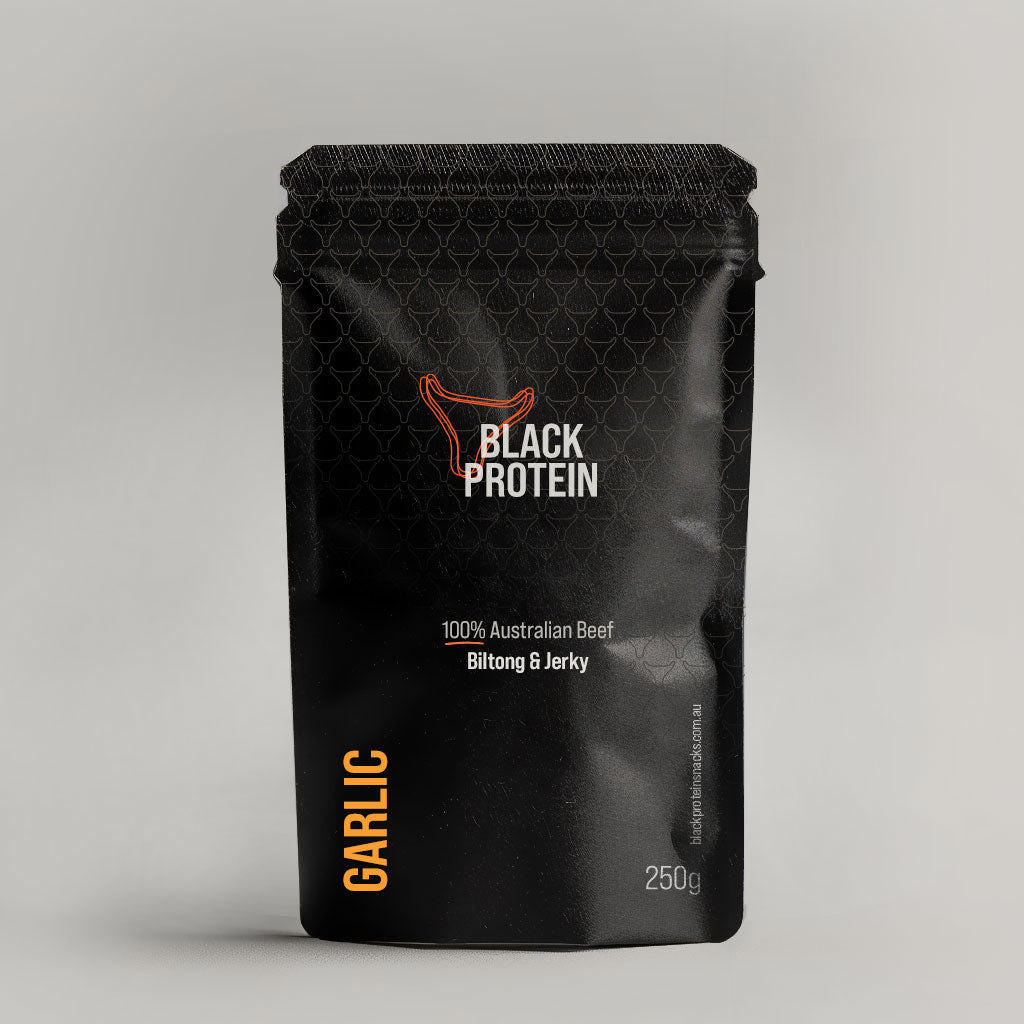 garlic biltong packaging for black protein, Australian biltong delivery service