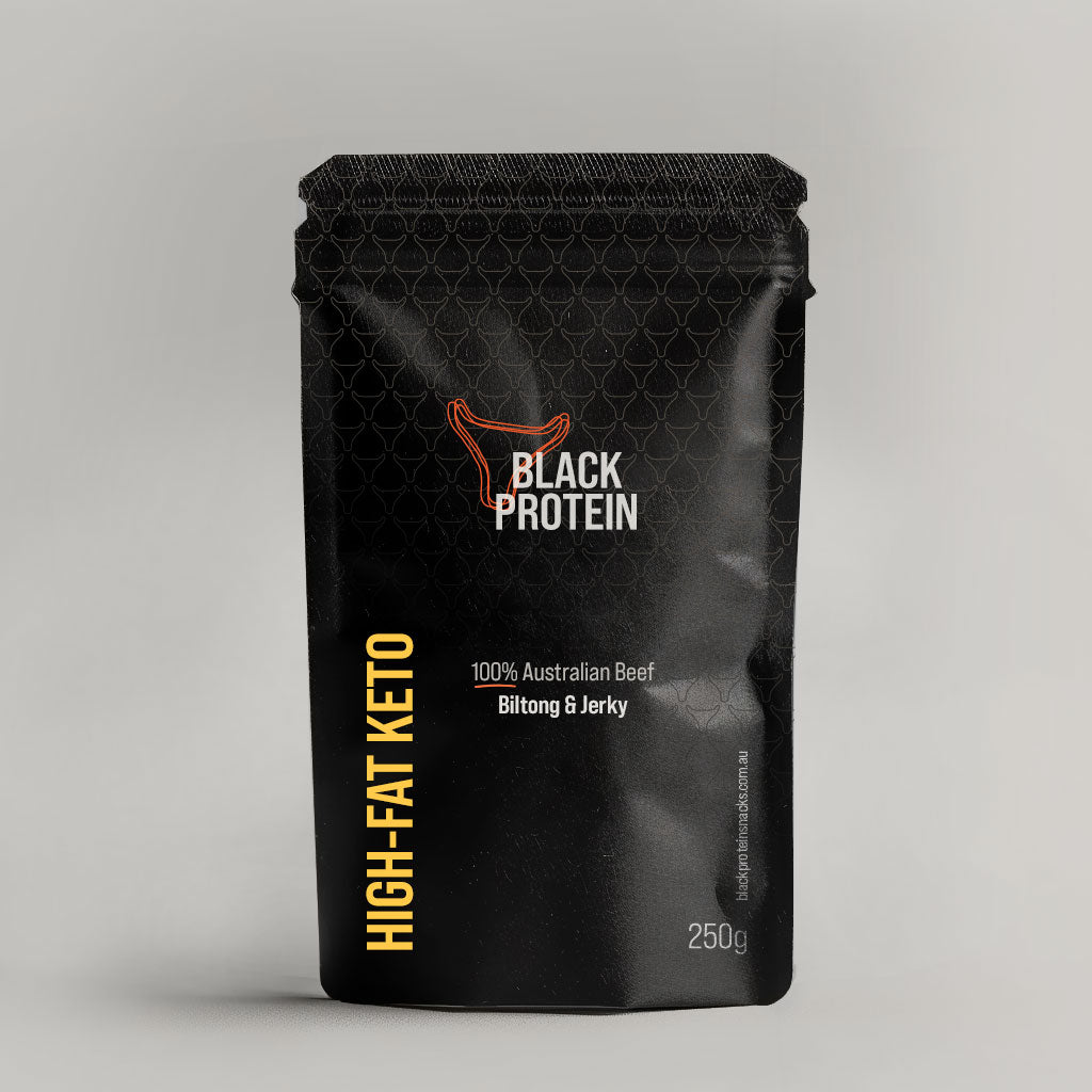 high-fat keto fatty biltong bag in black for beef biltong packaging