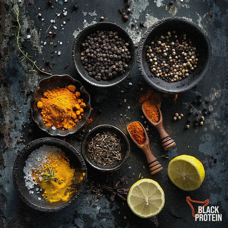 top down view of Moroccan spices on a rustic dark background for biltong