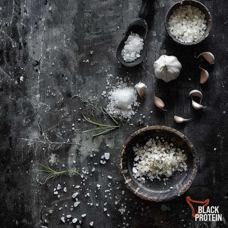 top down photo of garlic and salt seasoning on a rustic black background for biltong flavours