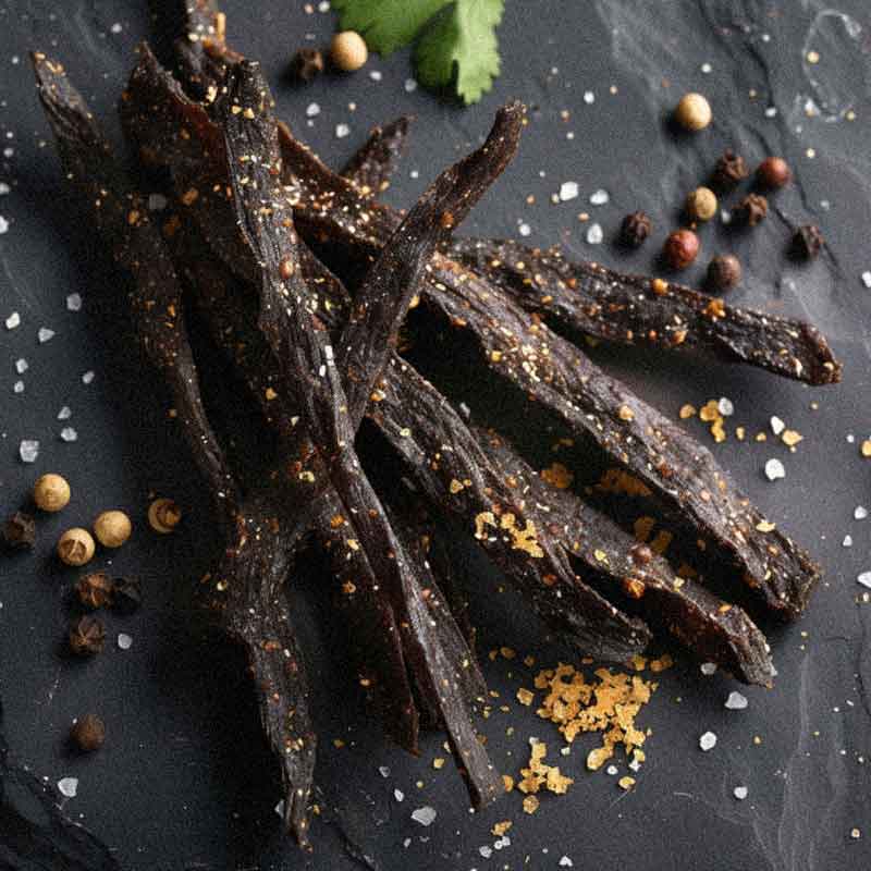 photo from above of biltong stokkies, sticks made of beef biltong in rustic luxury photo
