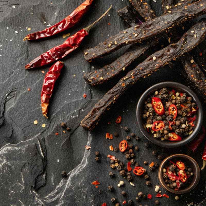 photo from above of biltong stokkies with chilli flakes and pepper, sticks made of beef biltong in rustic luxury photo