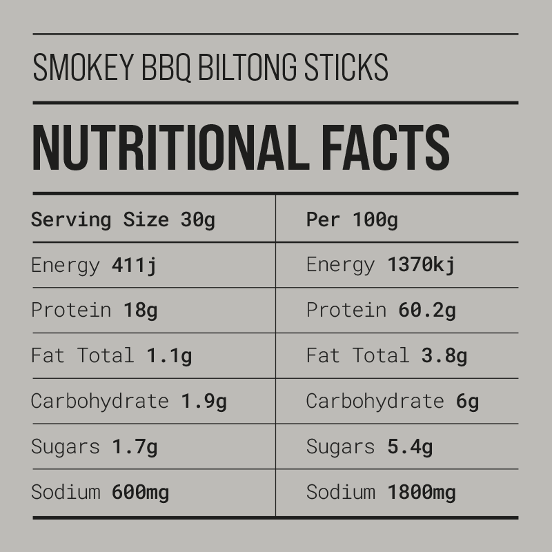 smokey bbq biltong sticks nutritional fact table